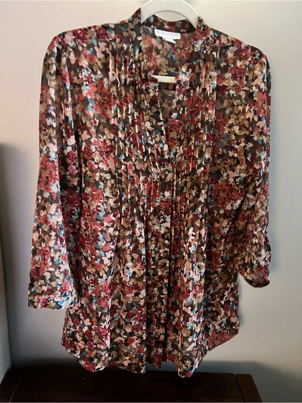 Charter Club Brown Floral Button-Front Blouse with Blue & Coral Accents
